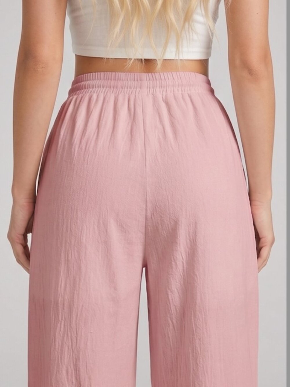 100% Cotton Drawstring Waist Wide Leg Pants Pink - Picture 4 of 5